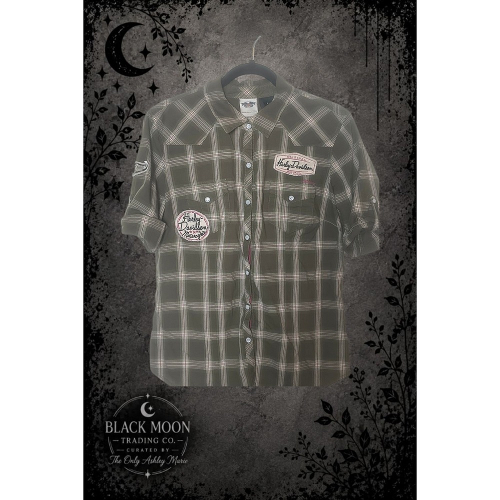 Harley-Davidson Women's Large Olive Green Plaid Short Sleeve Button-Up Shirt